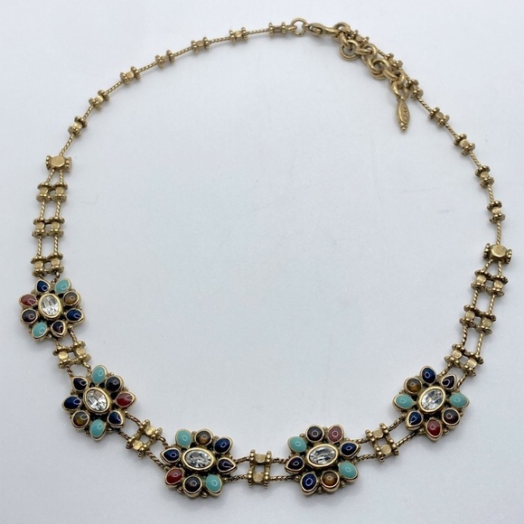 Anne Klein Jewelry - Vtg 80s AK Anne Klein Flower Cabochon Rhinestone Brass Metal Necklace 16” + 1.5”